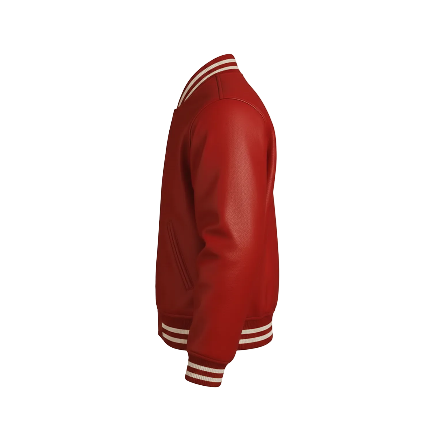 Red varsity jacket with white stripes on a white background