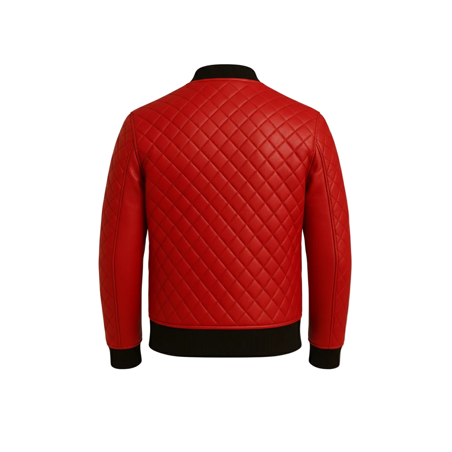 Red quilted leather jacket on a white background with a brand logo.