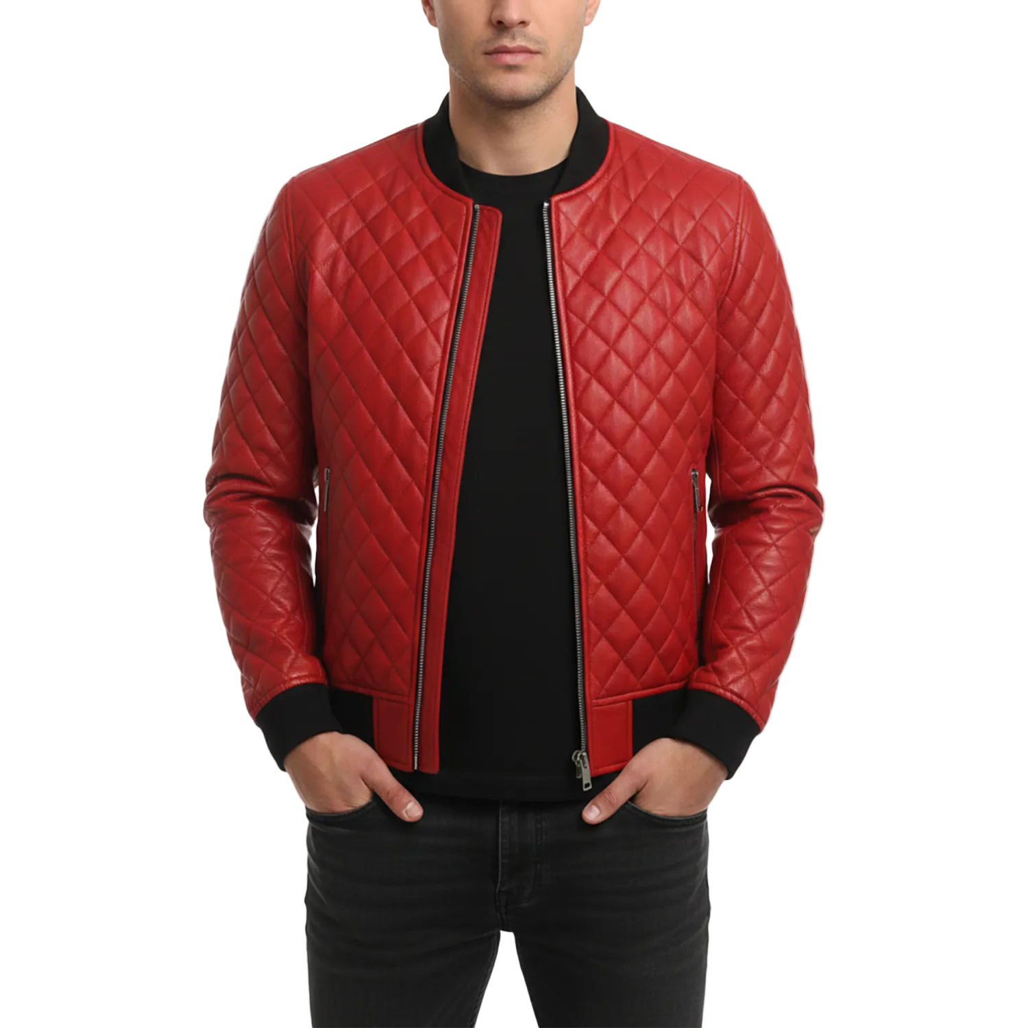 Red quilted leather jacket worn by a person on a white background