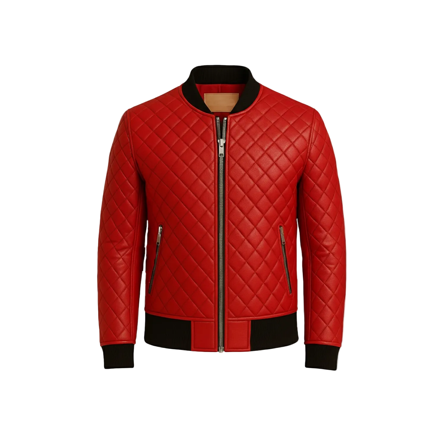 Red quilted jacket with black accents on a white background