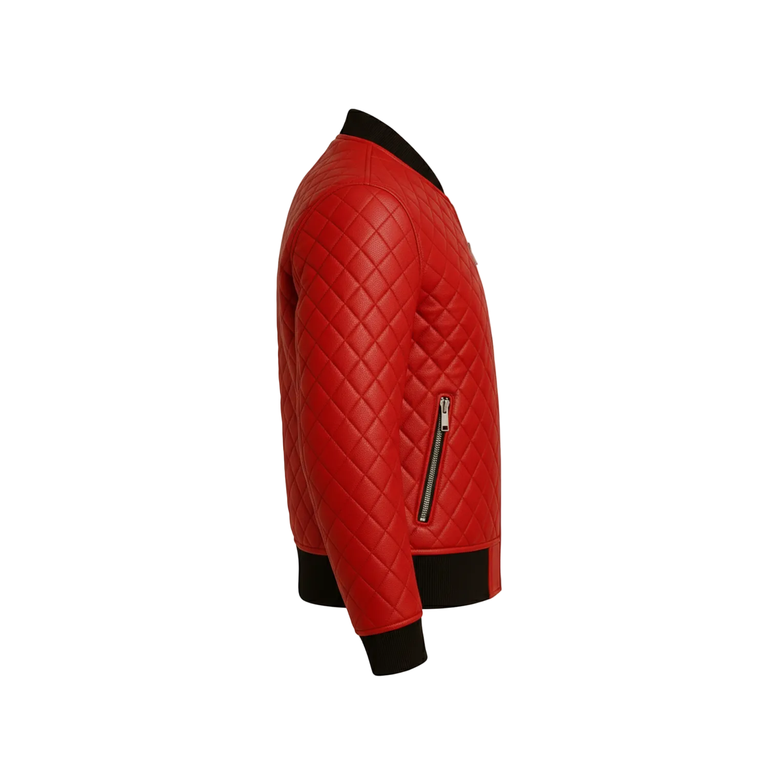 Red quilted jacket with black trim on a white background, featuring the brand logo.