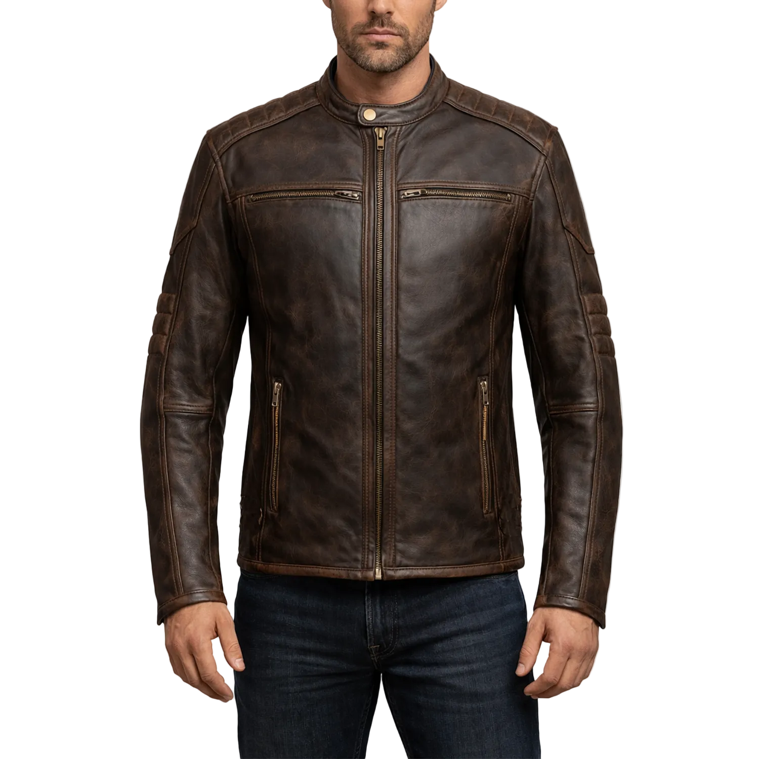 Brown leather jacket worn by a person on a white background