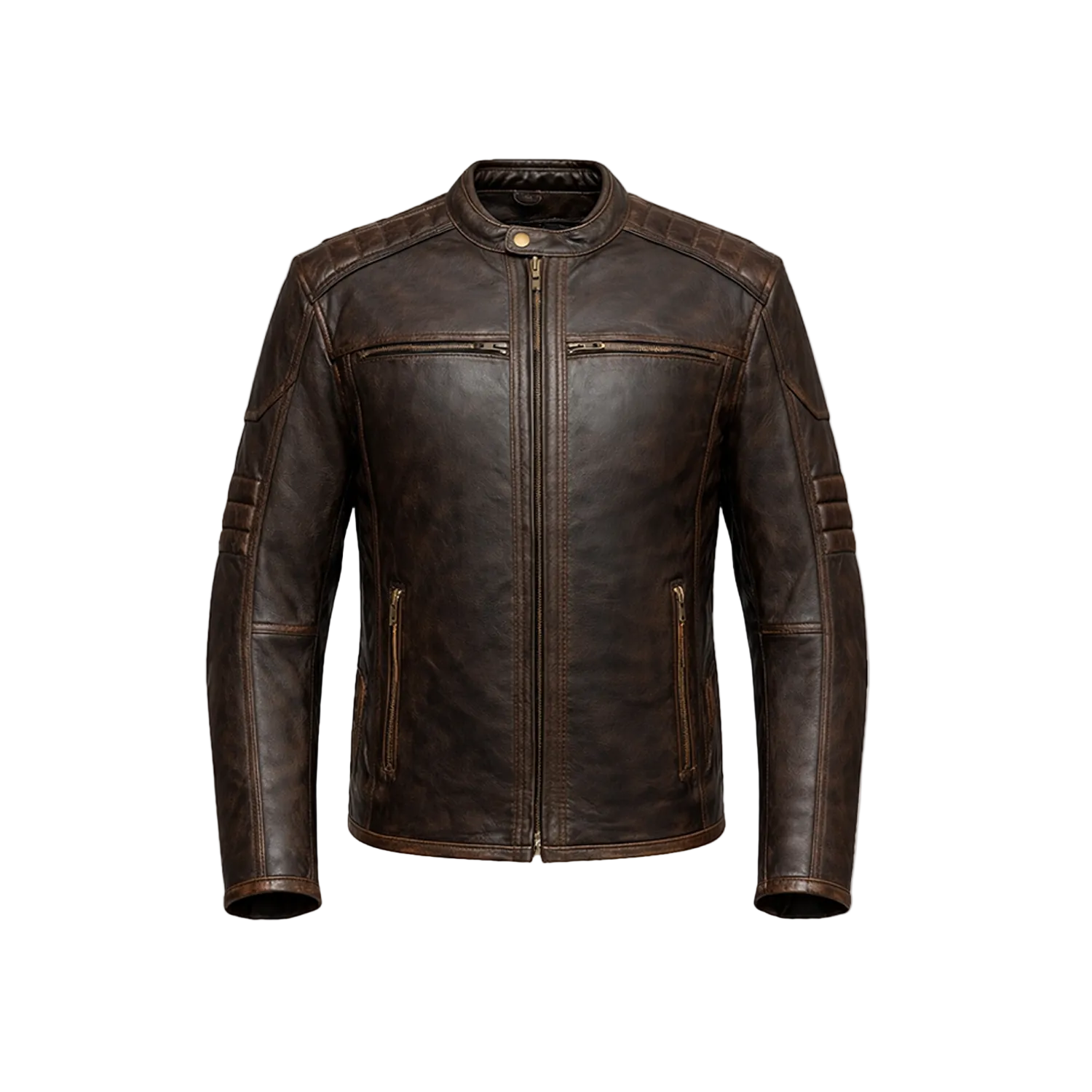 Brown leather jacket on a white background with a brand logo.