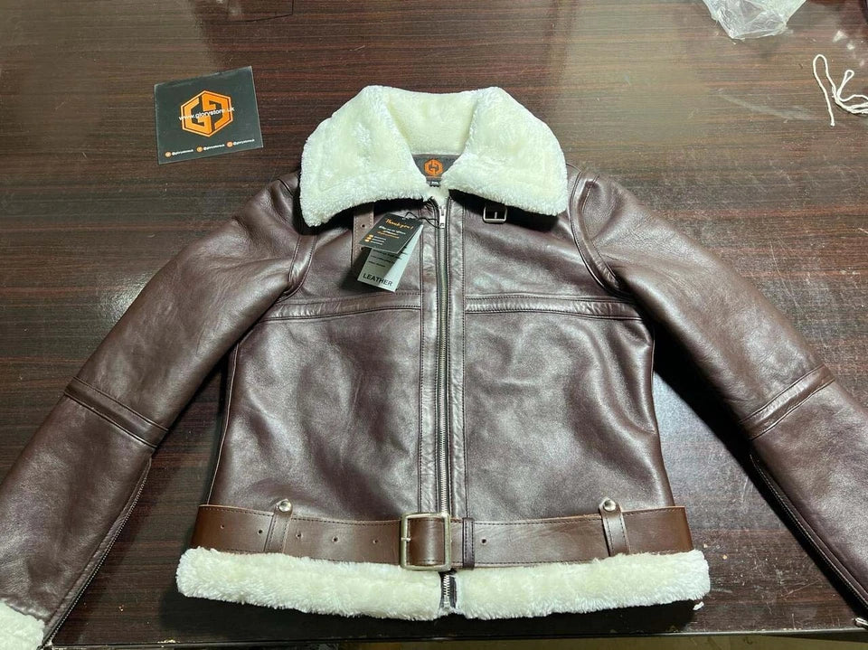 Women's Aviator RAF Bomber Flying Sheepskin Leather Jacket Shearling Fur Coat