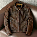 Men’s Vintage Cafe Racer Leather Jacket – Distressed Brown Biker Style, Genuine