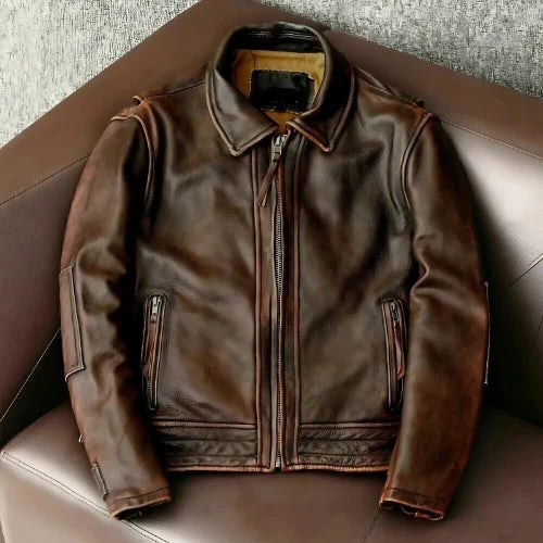 Men’s Vintage Cafe Racer Leather Jacket – Distressed Brown Biker Style, Genuine
