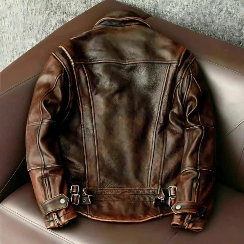 Men’s Vintage Cafe Racer Leather Jacket – Distressed Brown Biker Style, Genuine