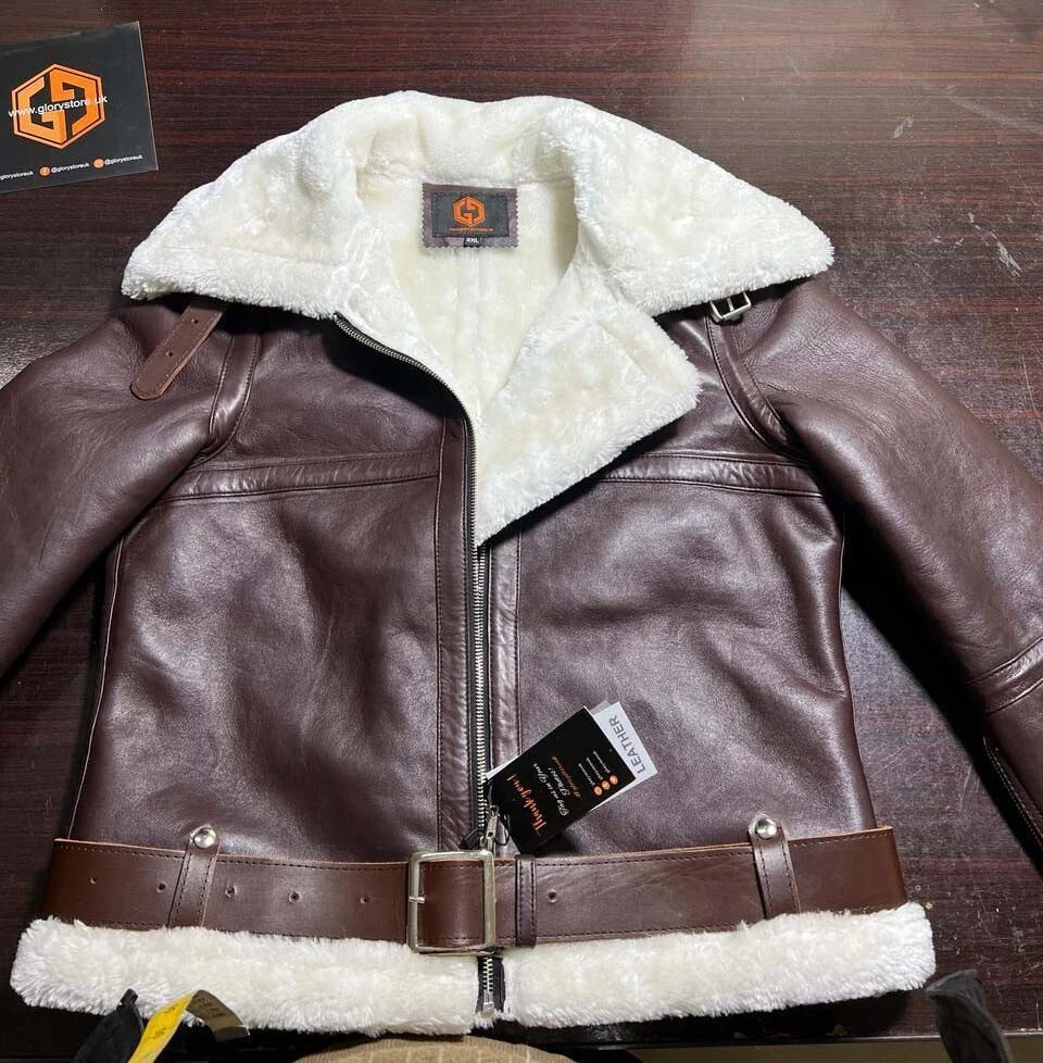 Women's Aviator RAF Bomber Flying Sheepskin Leather Jacket Shearling Fur Coat