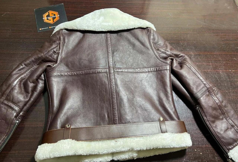 Women's Aviator RAF Bomber Flying Sheepskin Leather Jacket Shearling Fur Coat