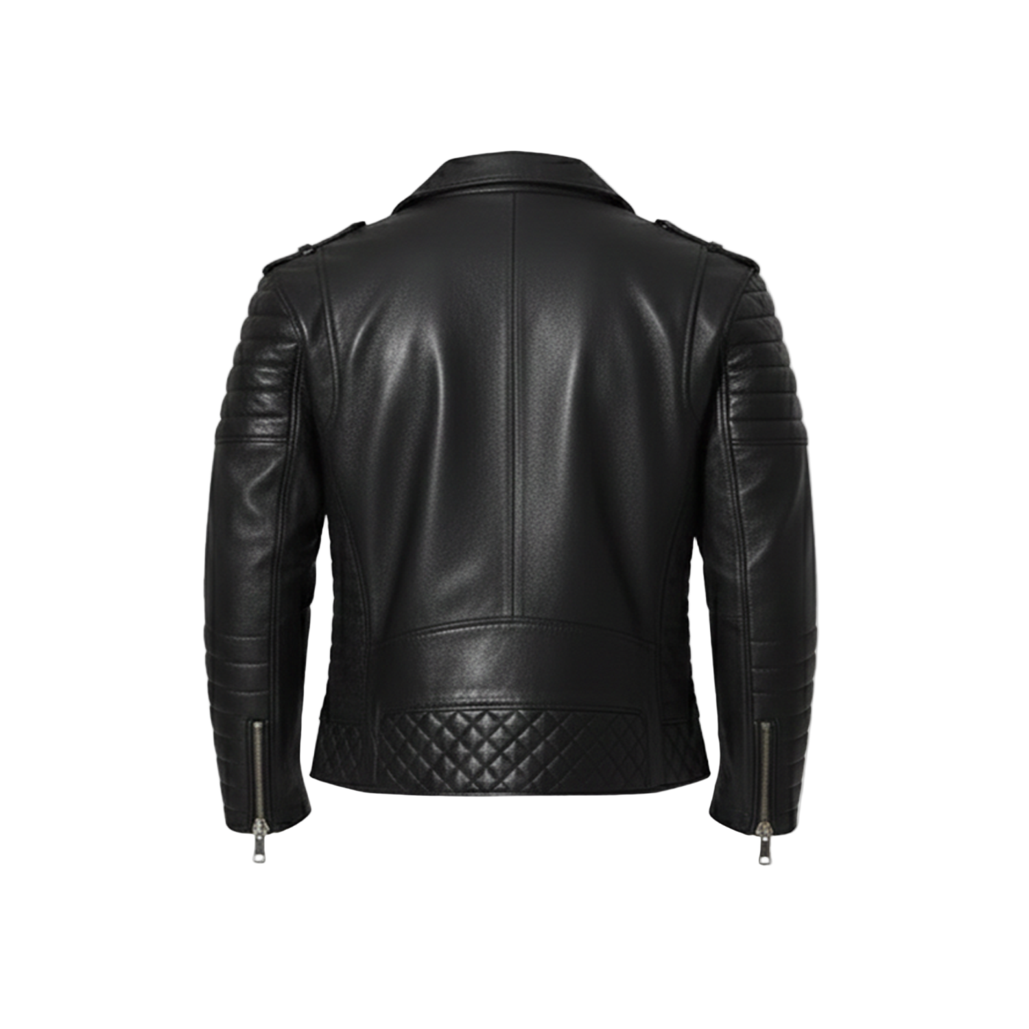 Black leather jacket on a white background with a brand logo.