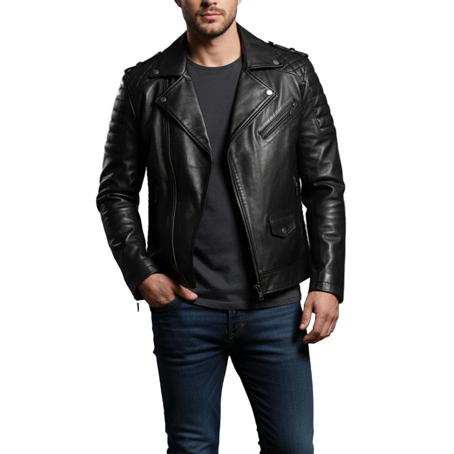 Man wearing a black leather jacket on a white background