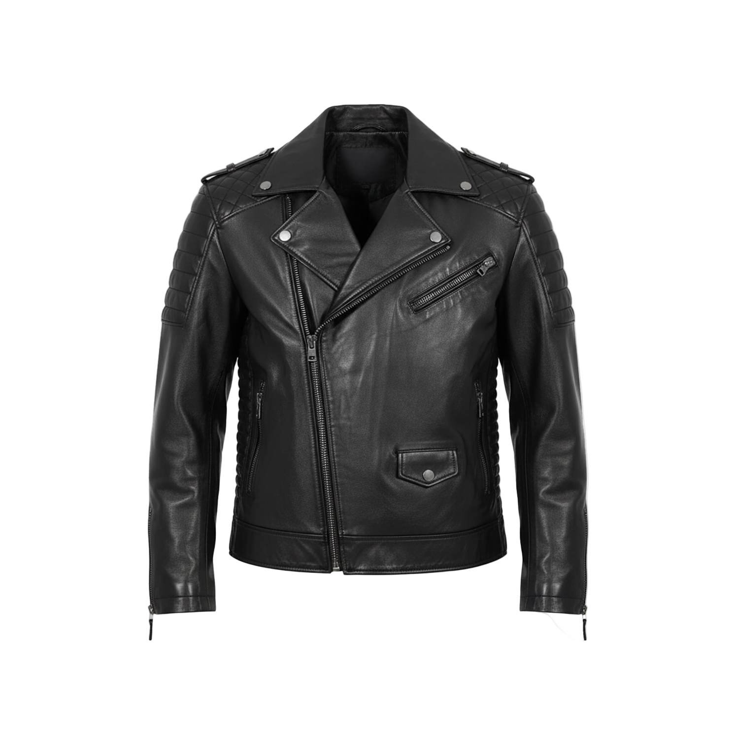 Black leather jacket on a white background with a brand logo.