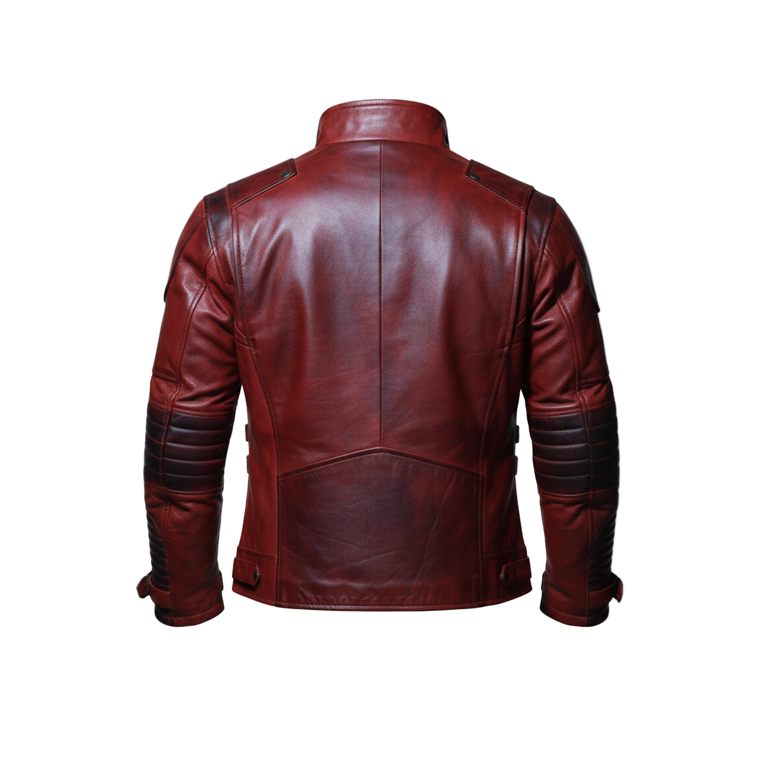 Red leather jacket on a white background with a brand logo.