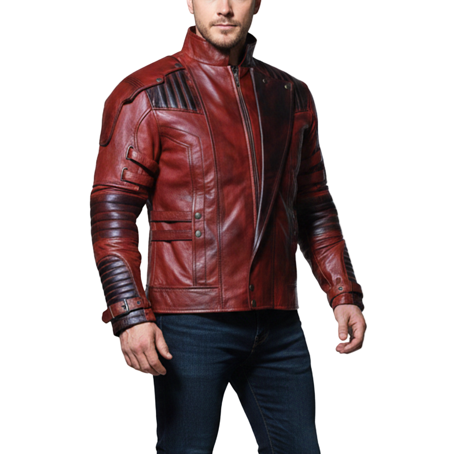 Red leather jacket with black accents on a white background