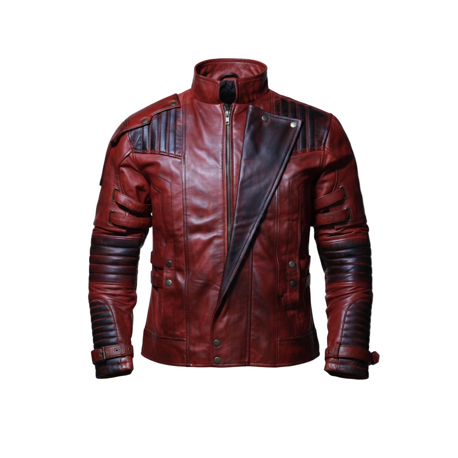 Brown leather jacket with black accents on a white background