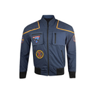 Blue jacket with patches on a white background
