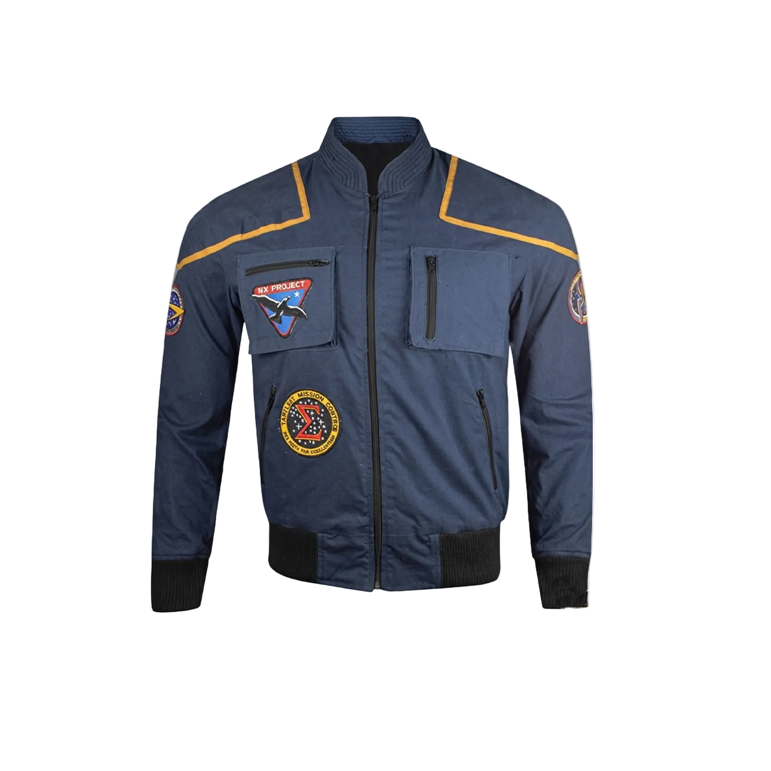 Blue jacket with patches on a white background