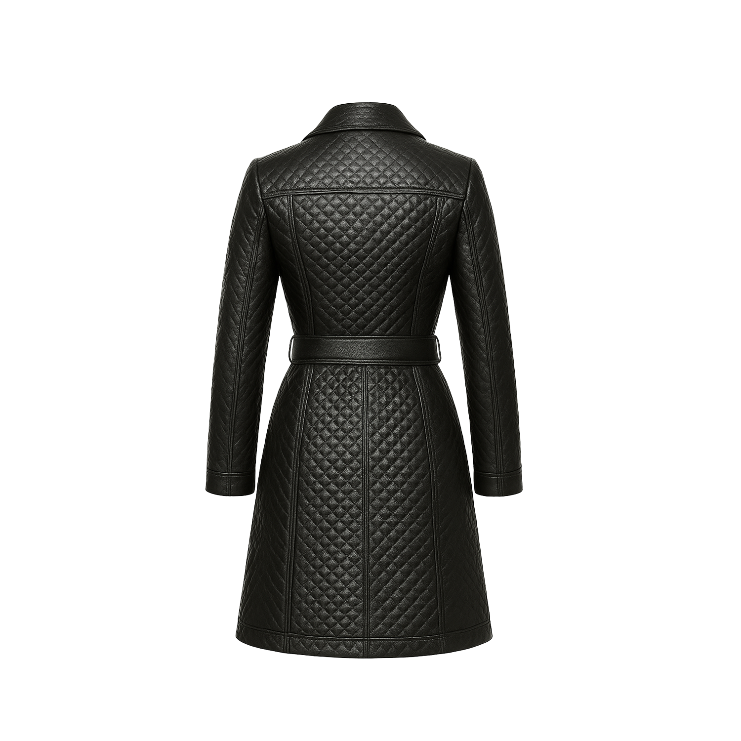 Black quilted coat on a white background