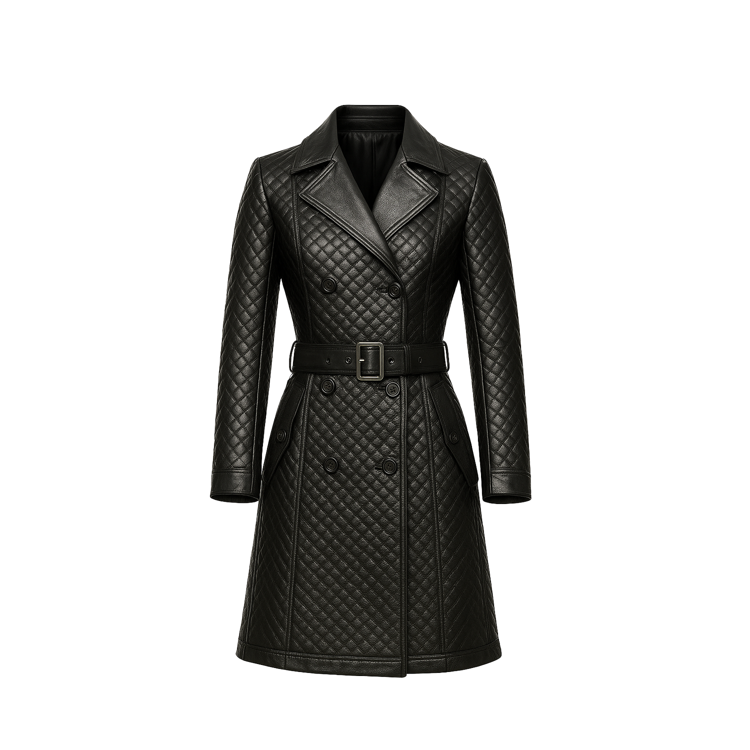 Black quilted coat with a belt on a white background