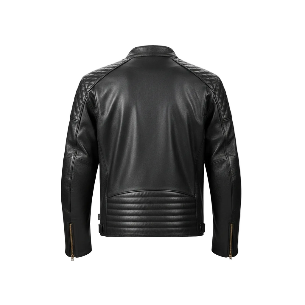 Black leather jacket on a white background with brand logo.