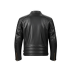 Black leather jacket on a white background with brand logo.