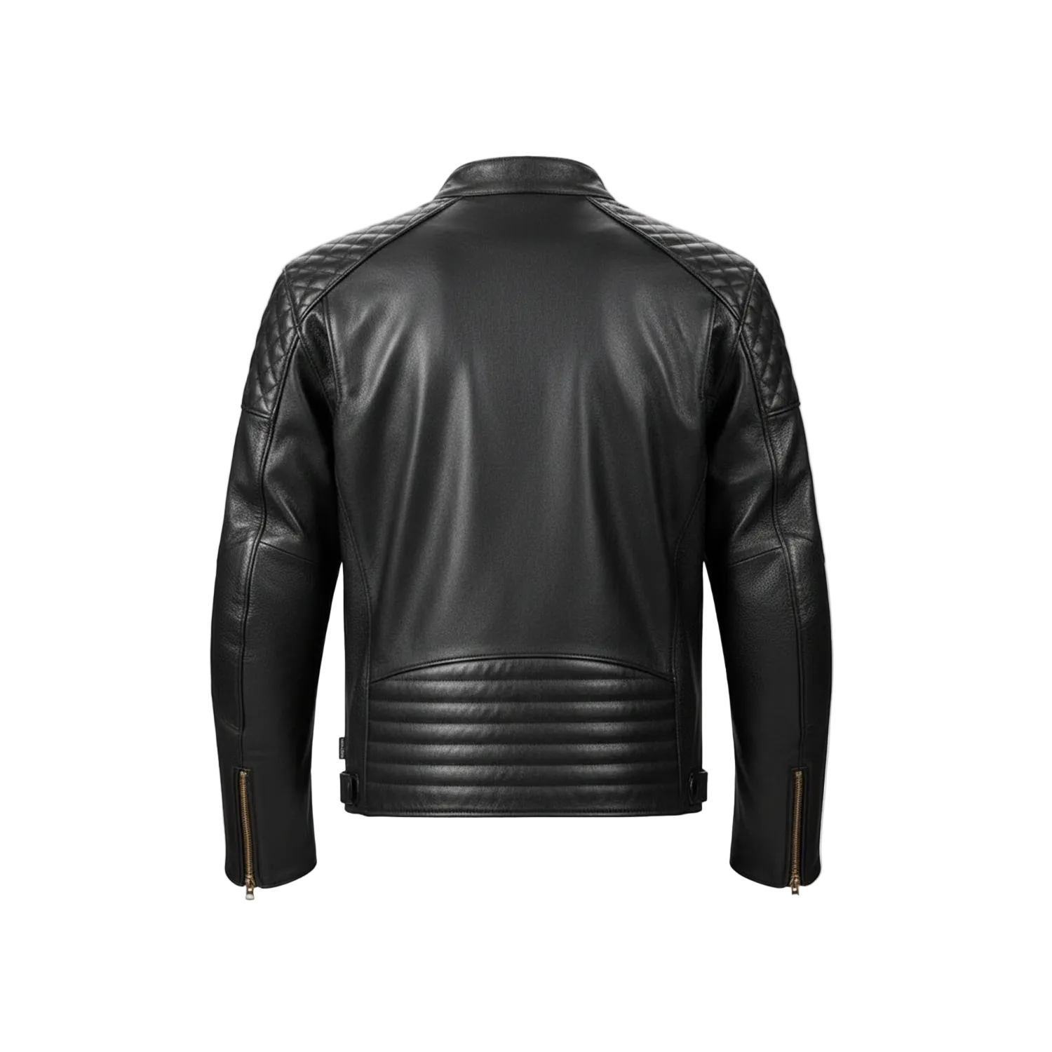 Black leather jacket on a white background with brand logo.
