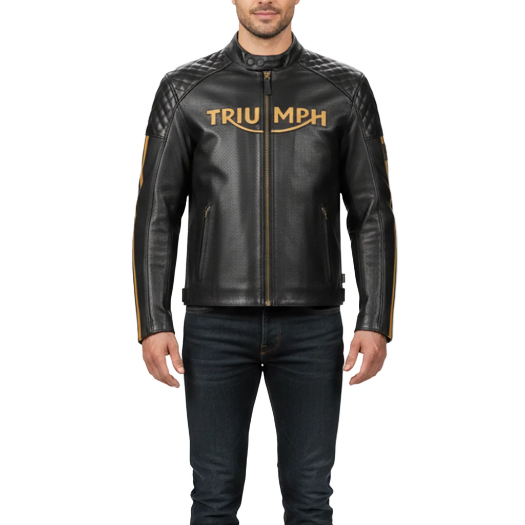 Black leather jacket with 'Triumph' branding on a white background
