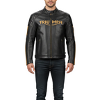 Black leather jacket with 'Triumph' branding on a white background