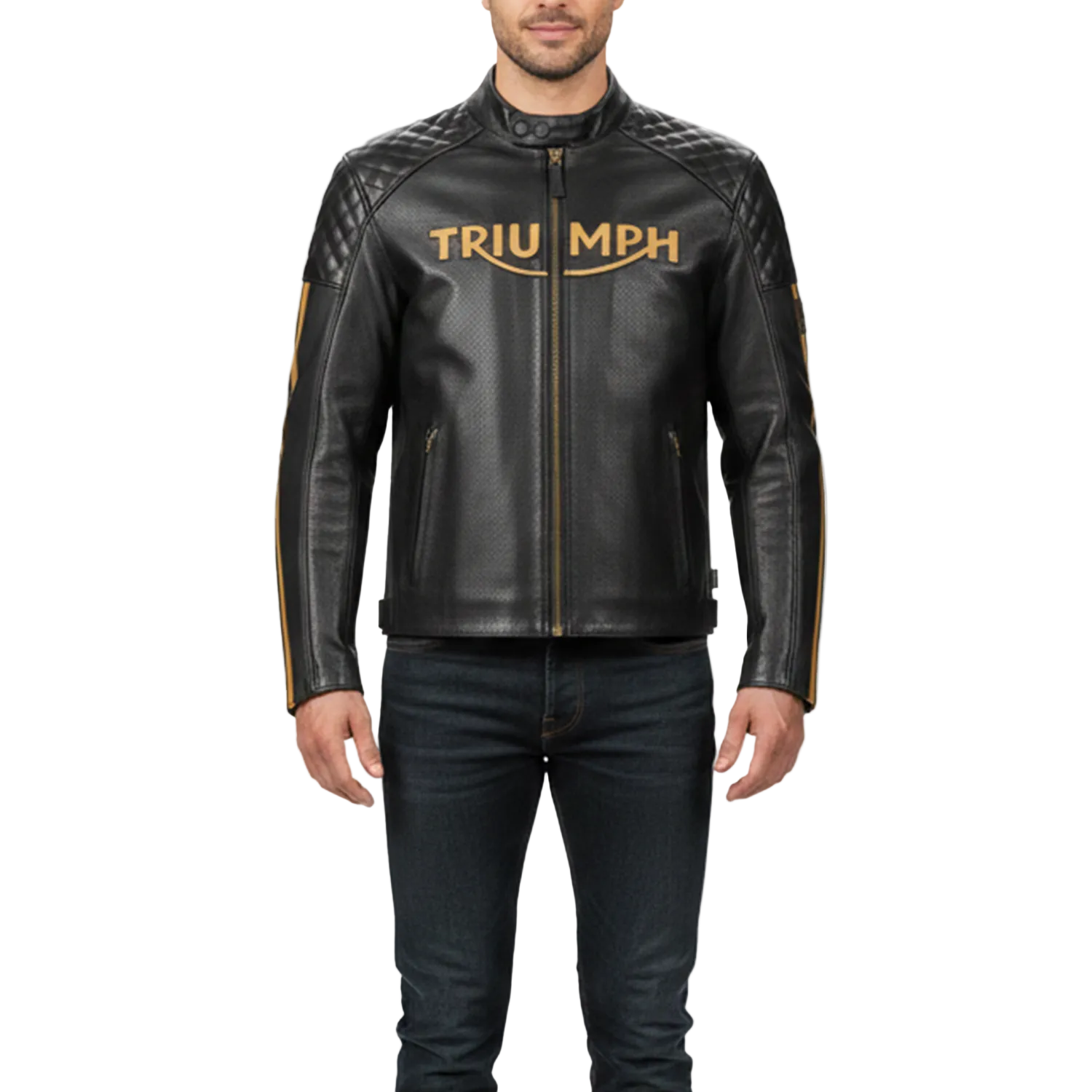 Black leather jacket with 'Triumph' branding on a white background