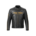 Black leather jacket with 'Triumph' branding on a white background