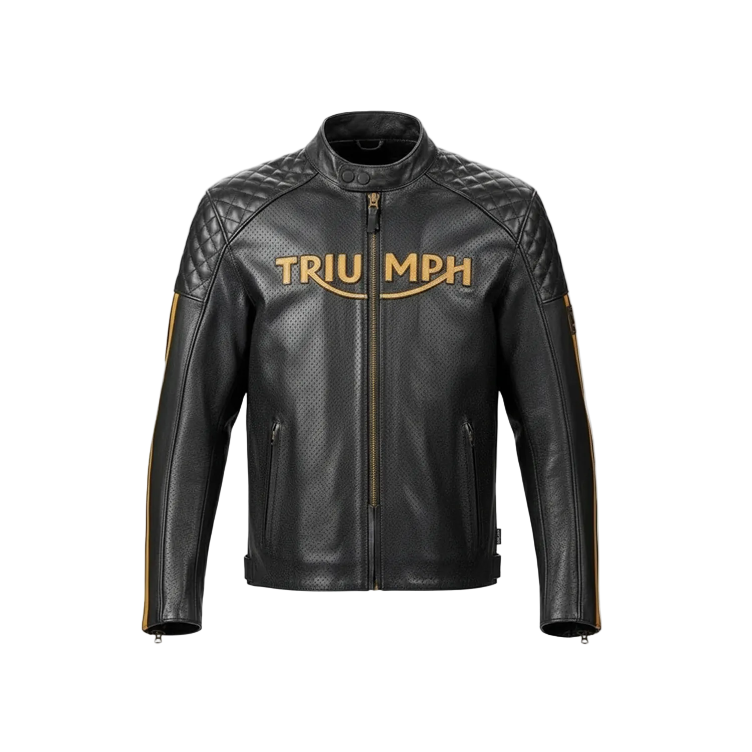 Black leather jacket with 'Triumph' branding on a white background