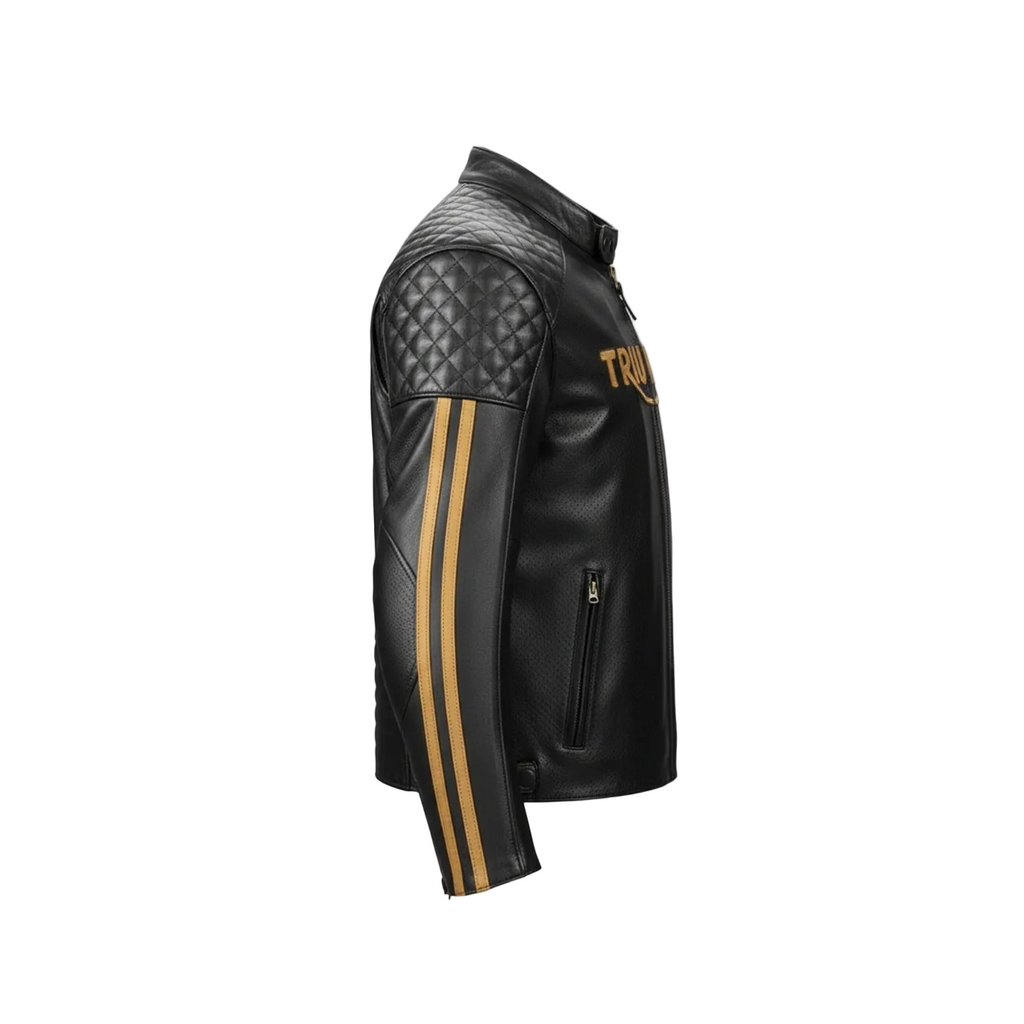 Black leather jacket with gold accents and brand logo on a white background