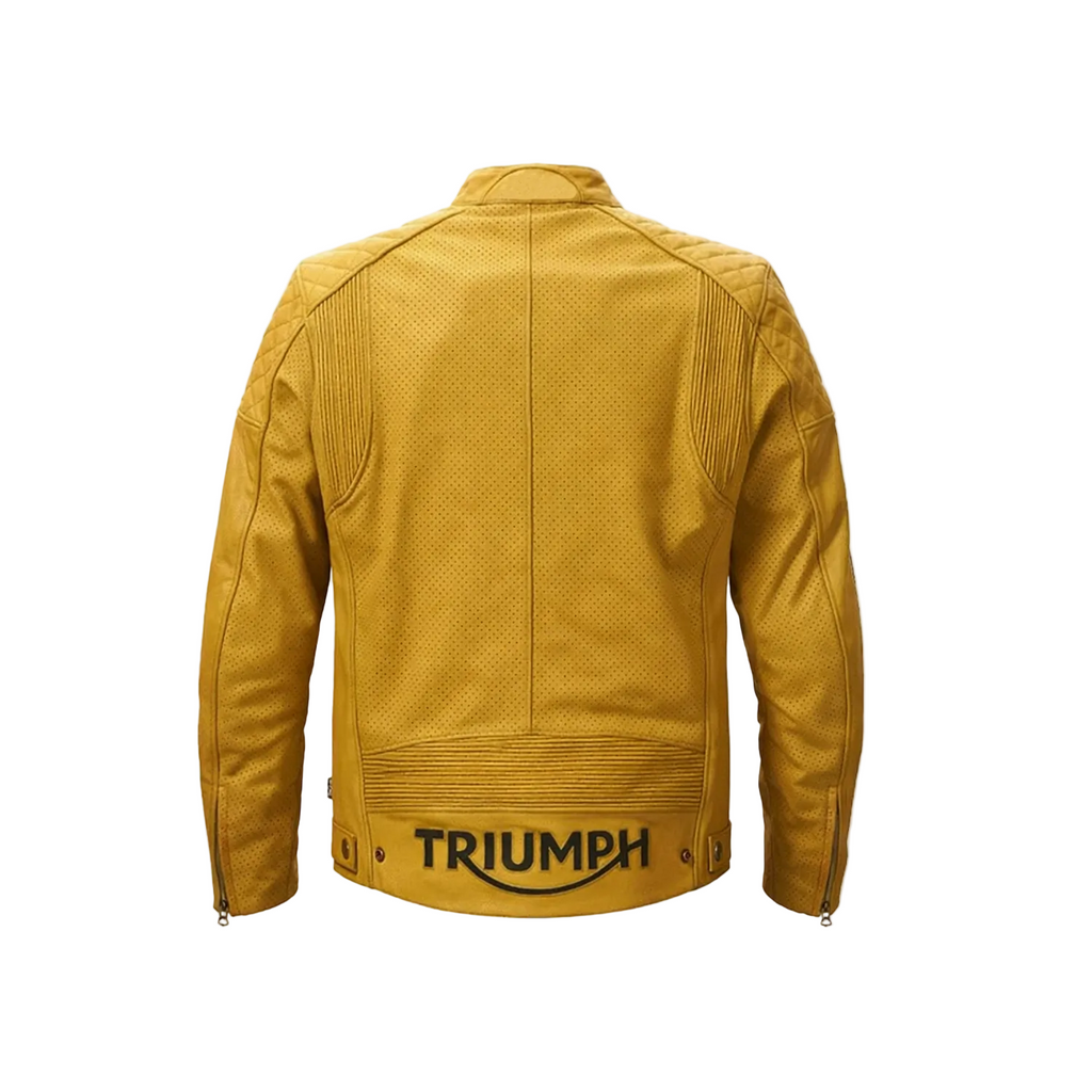Yellow jacket with 'Triumph' branding on a white background