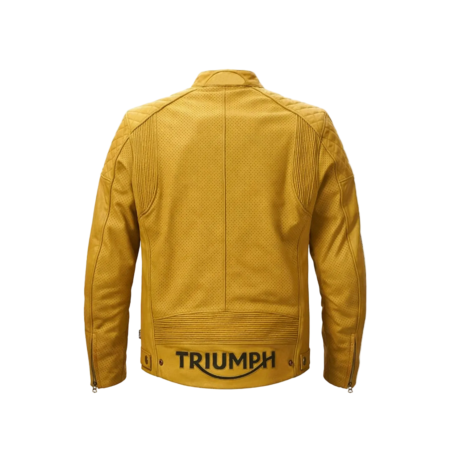 Yellow jacket with 'Triumph' branding on a white background