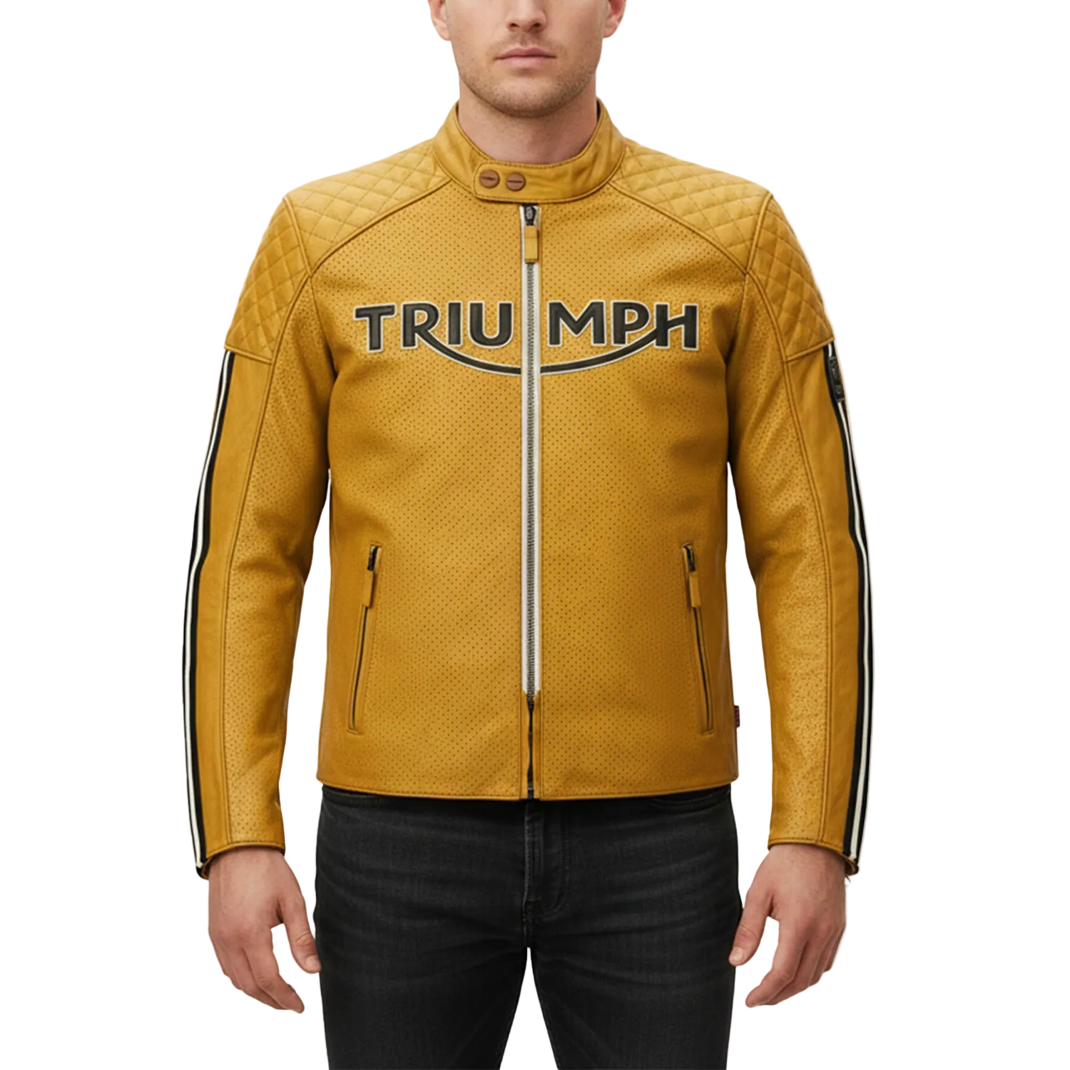 Yellow jacket with 'Triumph' branding on a white background
