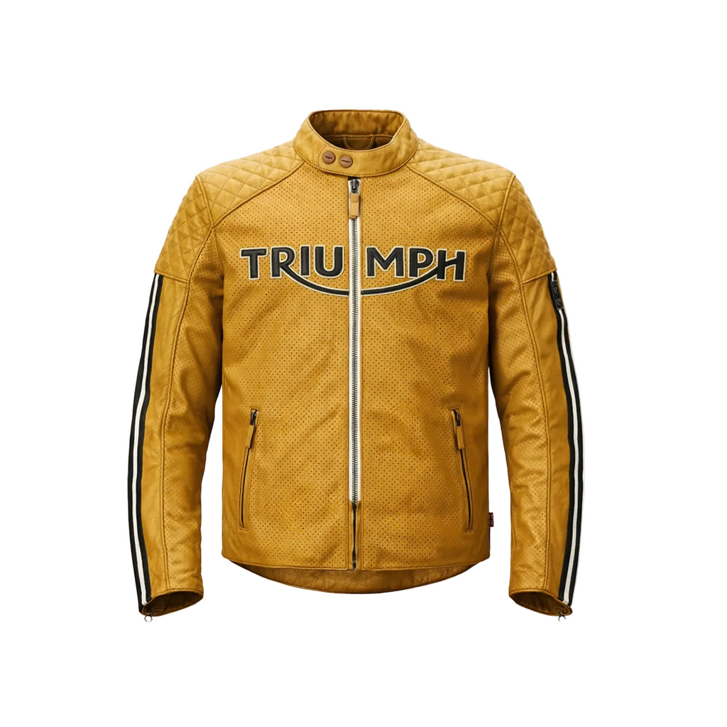 Yellow motorcycle jacket with 'Triumph' branding on a white background