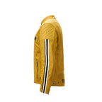 Yellow jacket with black and white stripe on sleeve against a white background