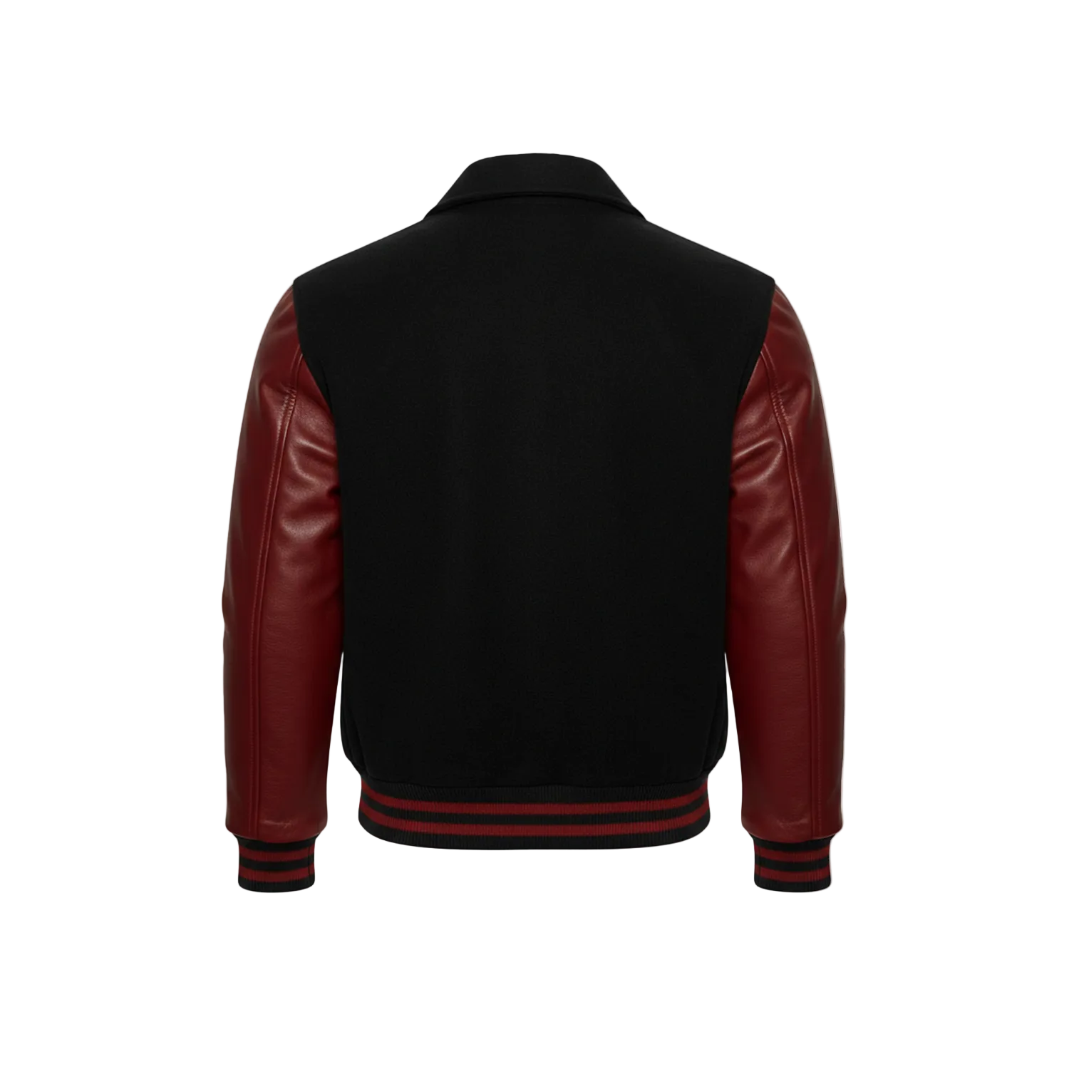 Black varsity jacket with red leather sleeves on a white background
