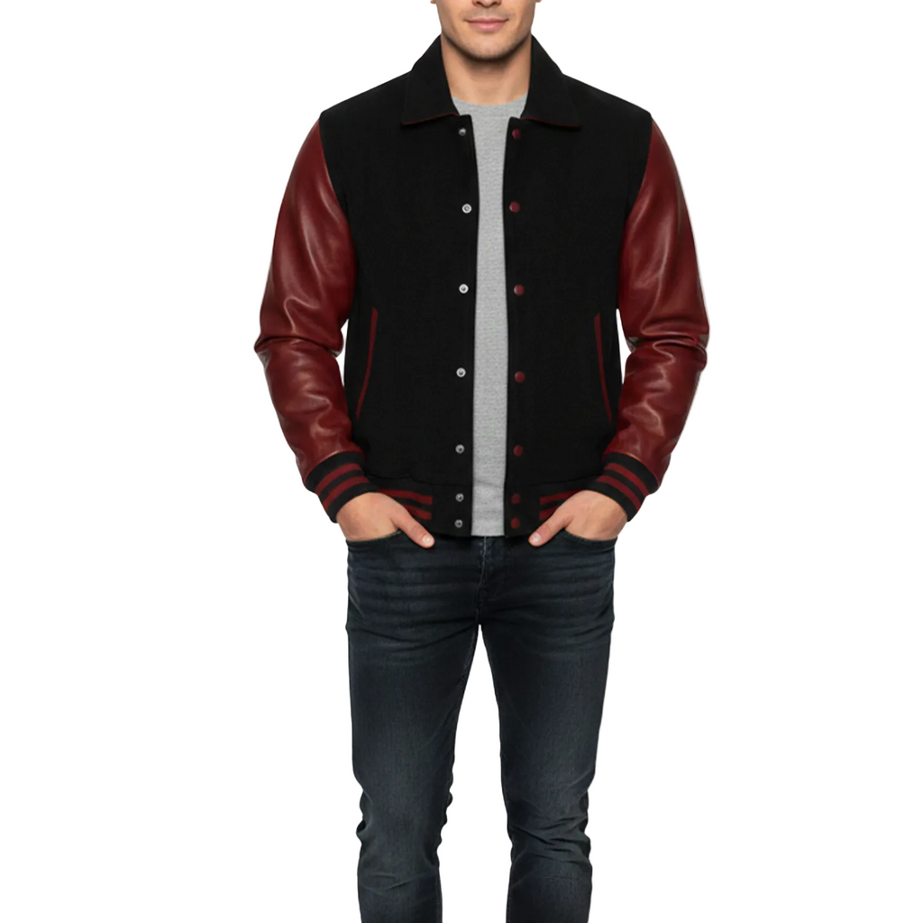 Man wearing a black and red varsity jacket on a white background