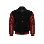 Black and red varsity jacket on a white background with a brand logo.