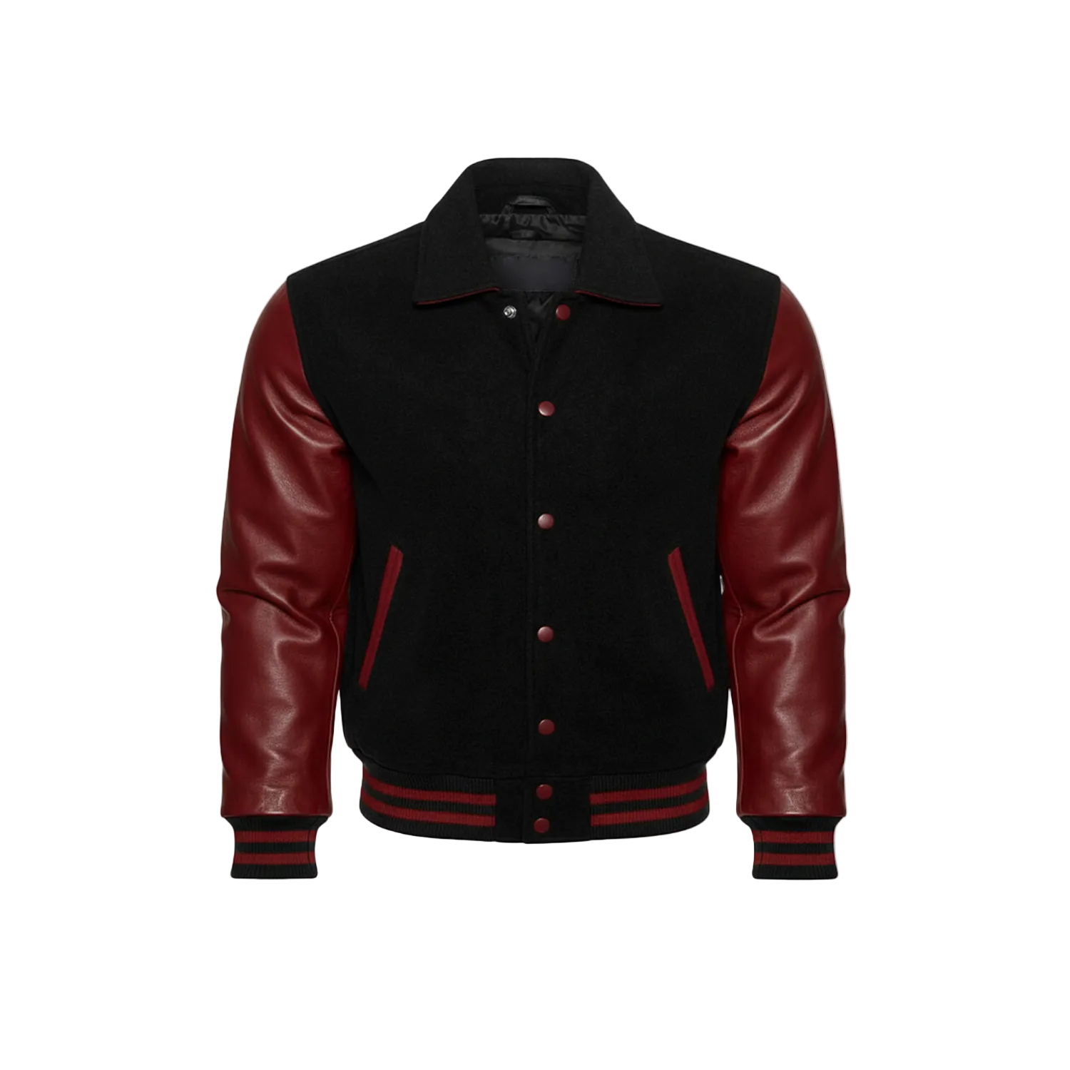 Black and red varsity jacket on a white background with a brand logo.