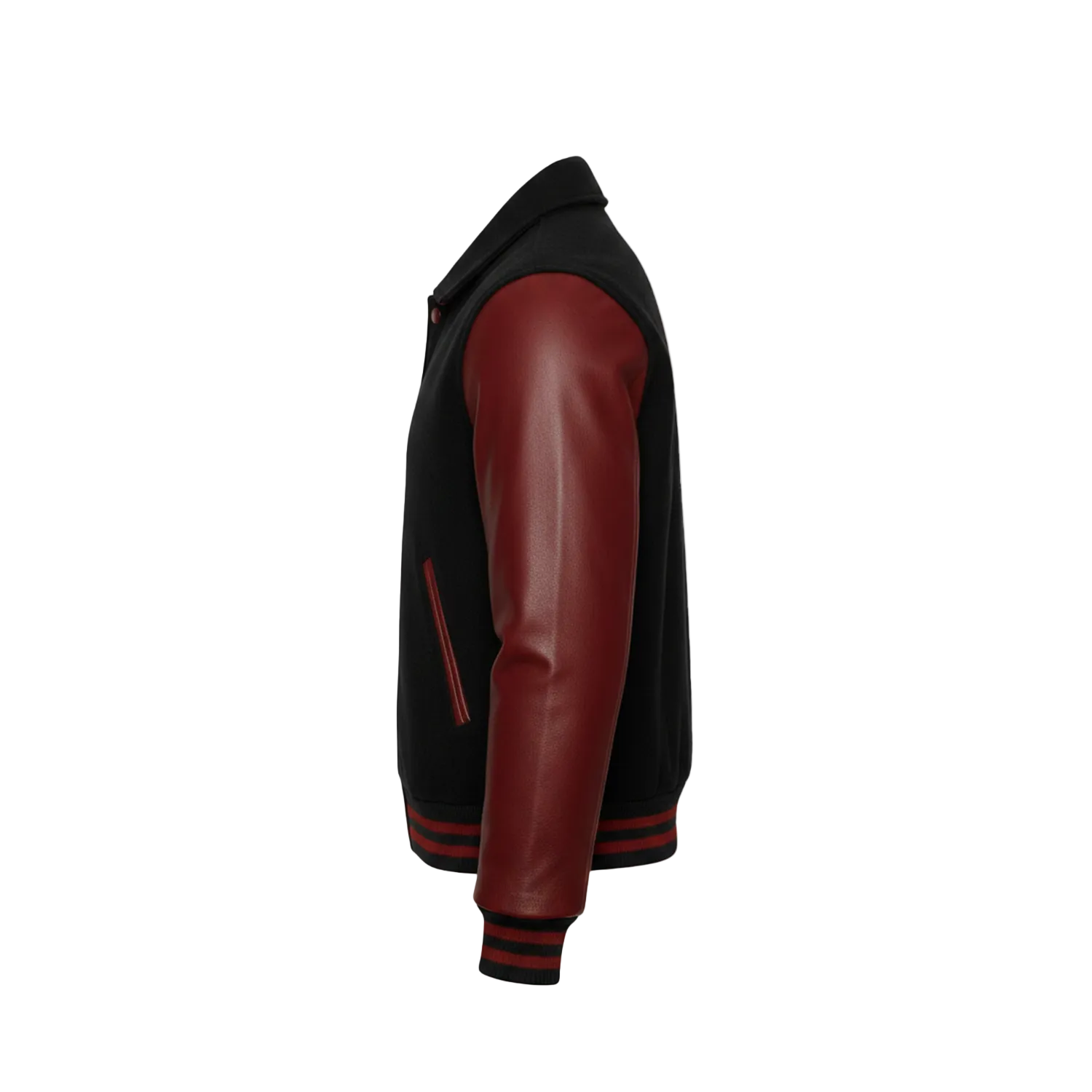 Black and red varsity jacket on a white background with a brand logo.