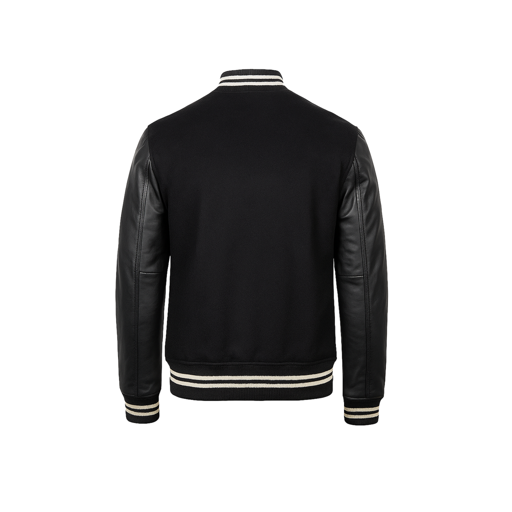 Black jacket with leather sleeves on a white background