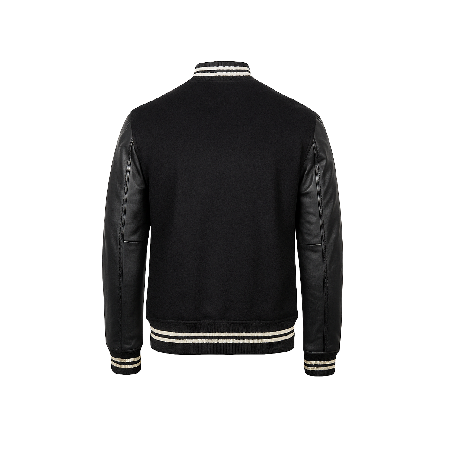 Black jacket with leather sleeves on a white background