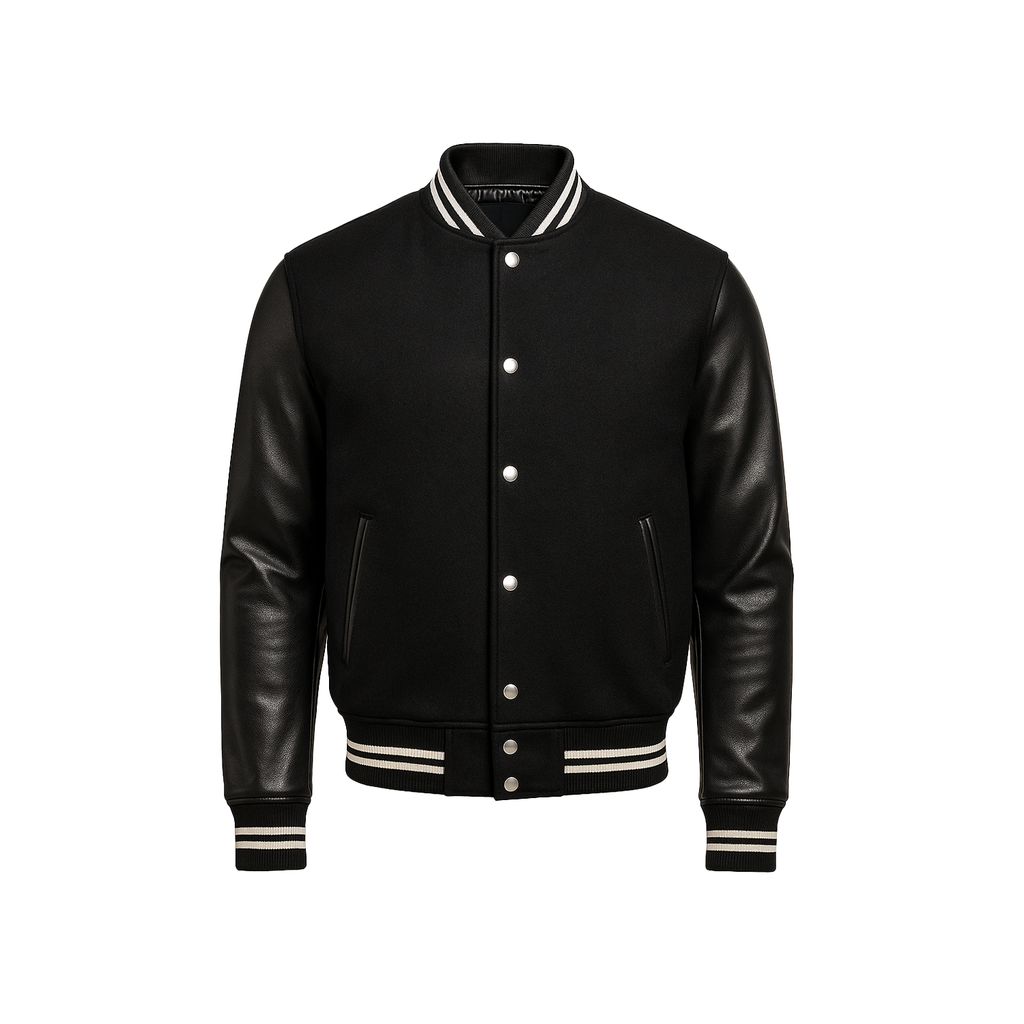 Black varsity jacket with leather sleeves on a white background