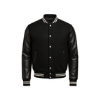 Black varsity jacket with leather sleeves on a white background