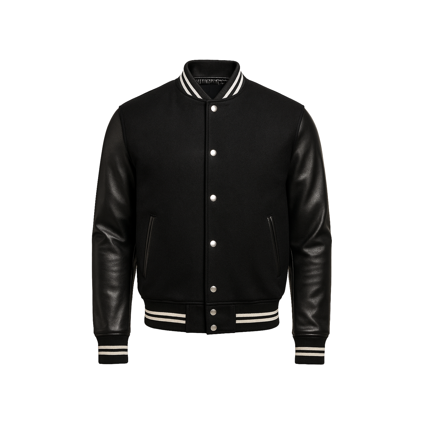 Black varsity jacket with leather sleeves on a white background
