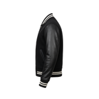 Black varsity jacket with leather sleeves on a white background