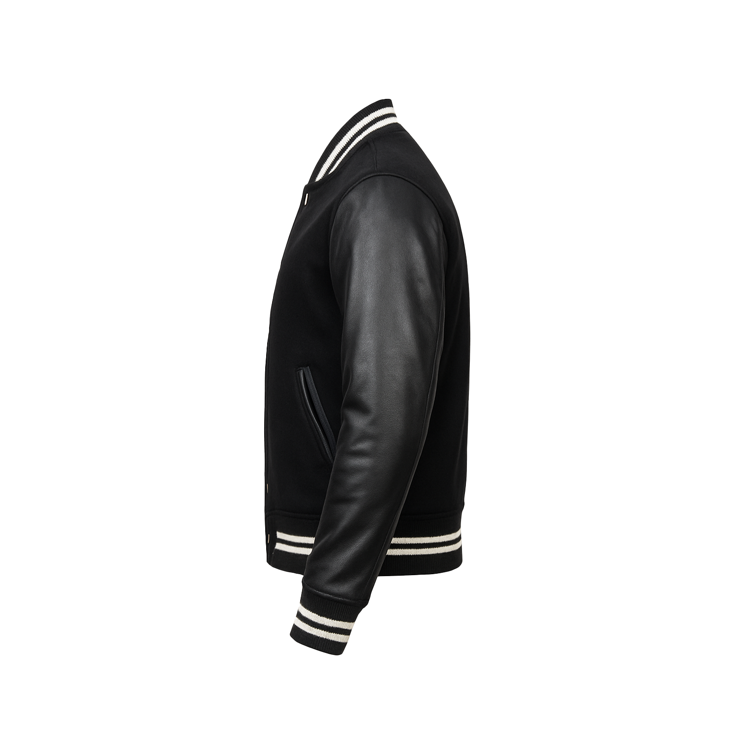 Black varsity jacket with leather sleeves on a white background