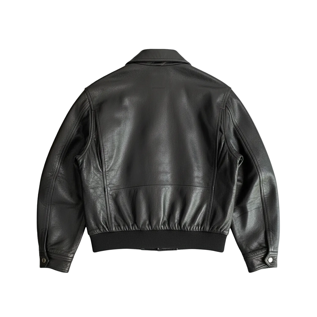 Black leather jacket on a white background with a brand logo.